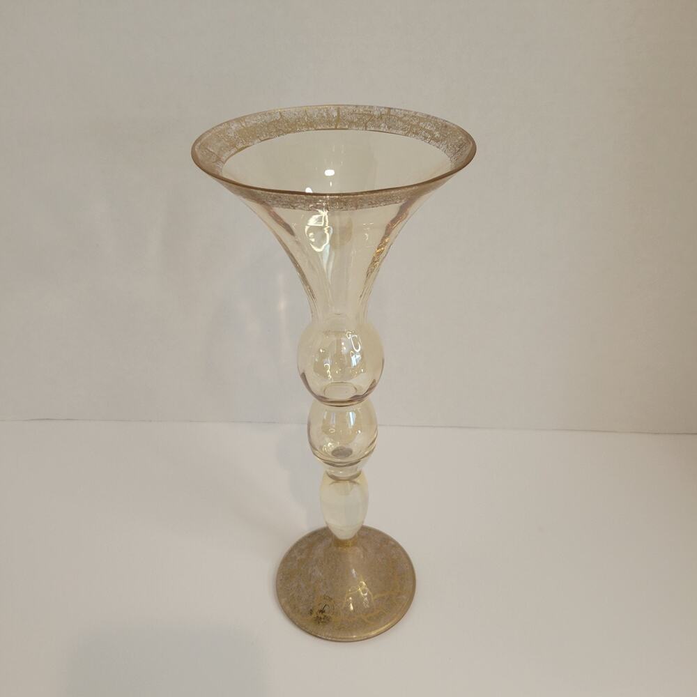VTG Bombay Poland Mouth‑Blown Champagne Gold Art Glass Trumpet Vase 10.5"